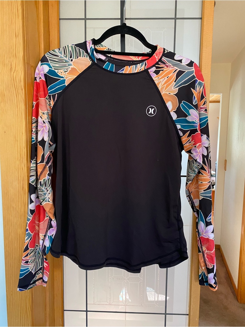 Hurley Black Rash Guard with Tropical Floral Sleeves
